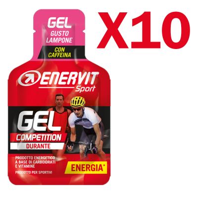 Enervit Sport Gel Competition conf 10 mini-pack da 25 ml, gusto lampone - Energetico con carboidrati vitamine e caffeina