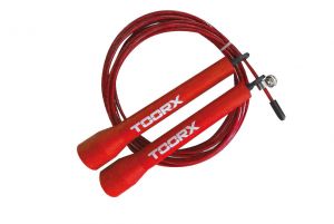 Corda da salto veloce in acciaio con manopole in plastica rosse, lunghezza regolabile