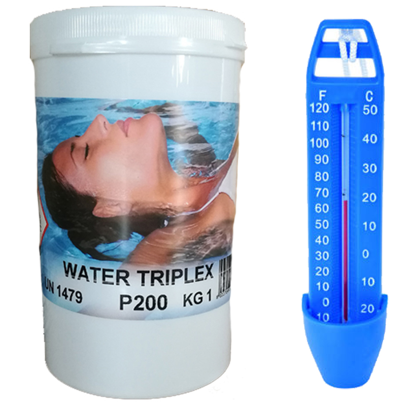 WATER TRIPLEX Conf 1 kg - Pastiglie Multifunzione da 200 g ad azione Clorante, Flocculante, Antialghe + Termometro
