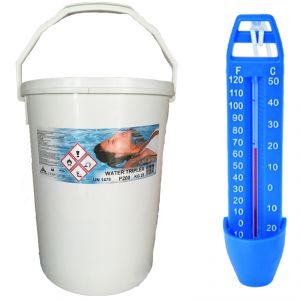 WATER TRIPLEX Secchio 25 kg - Pastiglie Multifunzioni Piscina (Clorante, Flocculante, Antialghe) + Termometro in Omaggio