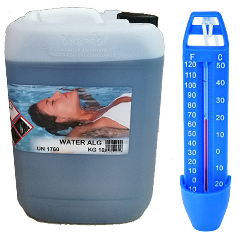 WATER ALG Tanica 10 litri - Antialghe Liquido Professionale NO SCHIUMOGENO per piscina + Termometro in Omaggio