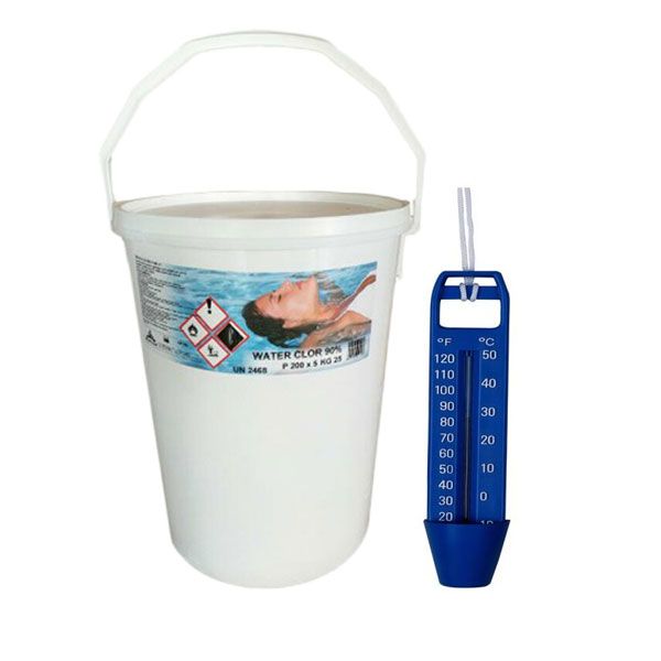 WATER CLOR 90% Secchio 25 kg - Tricloro in Pastiglie da 200 grammi per Trattamenti di Mantenimento + Termometro Omaggio