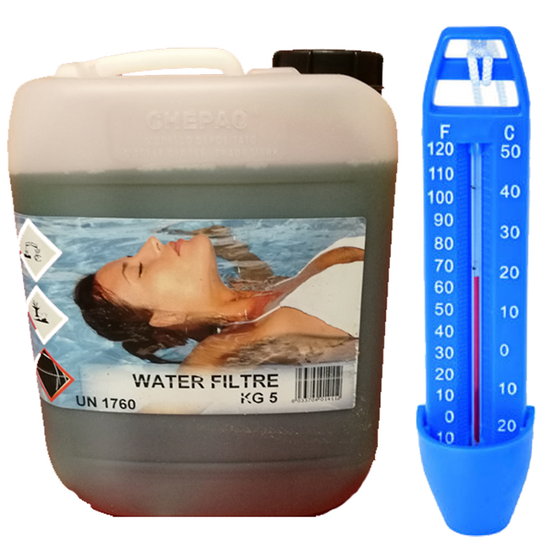 WATER FILTRE Tanica 5 kg - Detergente Liquido per pulizia filtri piscina a sabbia, diamotee e cartuccia + Termometro