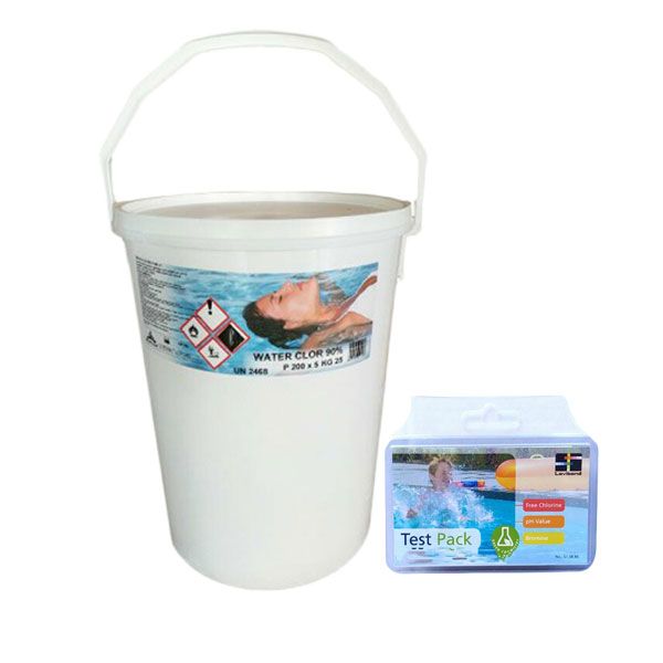 WATER CLOR 90% Secchio 25 kg - Cloro 90% Pastiglie per la Disinfezione della Piscina + Tester Pastiglie per ph e cloro