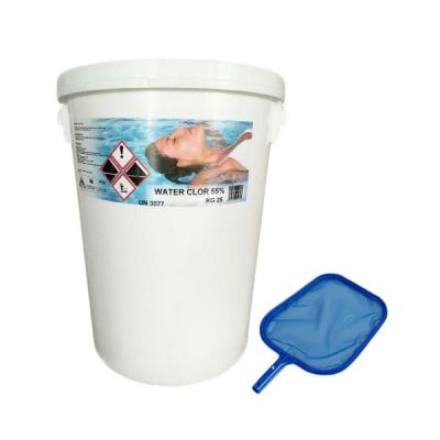 WATER CLOR 55% Secchio da 25 kg - Dicloro granulare per la disinfezione dell'acqua in piscina + Retino di Superficie