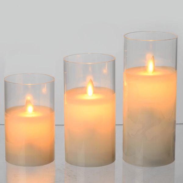 Set 3 candele led RGB cera bianca Ø7,5cm, telecomando effetto fiamma