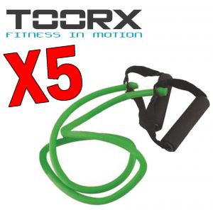 Kit Risparmio Toorx con 5 Tubi elastici con maniglie resistenza medium, colore verde - Lunghezza 120 cm