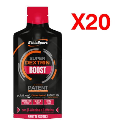 SUPER DEXTRIN BOOST FRUTTI ESOTICI 30 ml - Kit con 20 pack monodose di gel energetici con caffeina e b-alanina