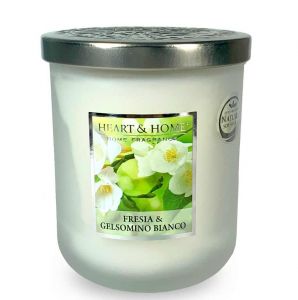 Candela in giara "Fresia & Gelsomino" 340 gr con cera naturale di soia - Durata 75 ore