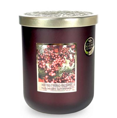 Candela in giara "Mirtillo Rosso Speziato" 340 gr con cera naturale di soia - Durata 75 ore